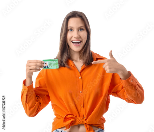 Happy young woman pointing ...