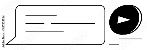 Speech bubble with horizontal lines next to bold play button. Ideal for communication, messaging, media, streaming, playback, conversation, podcasts, simple flat metaphor