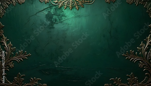 Ornate antique metallic frame on a rich, dark emerald green textured surface, creating a sophisticated and classic backdrop for presentations or invitations