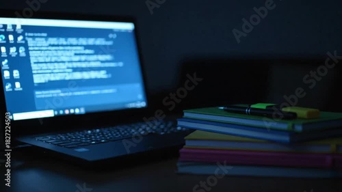 Laptop displaying a financial chart and stack of colorful notebooks on a dark desk