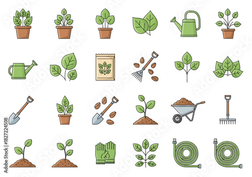 Gardening tools and plants icon set for horticulture and cultivation.