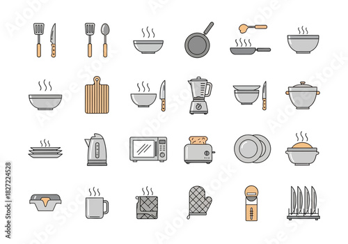 Kitchen Utensils and Appliances Icons Set Cooking and Food Preparation.
