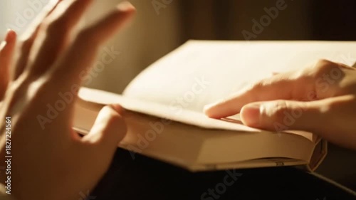 Person's hands gently hold an open book bathed in warm sunlight, creating a cozy reading atmosphere