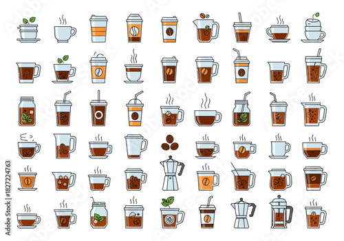 Collection of Coffee Drinks in Various Cups and Containers.