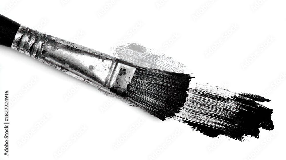 Fototapeta premium A grayscale close-up shows a paintbrush creating a stroke of dark paint on a blank white canvas