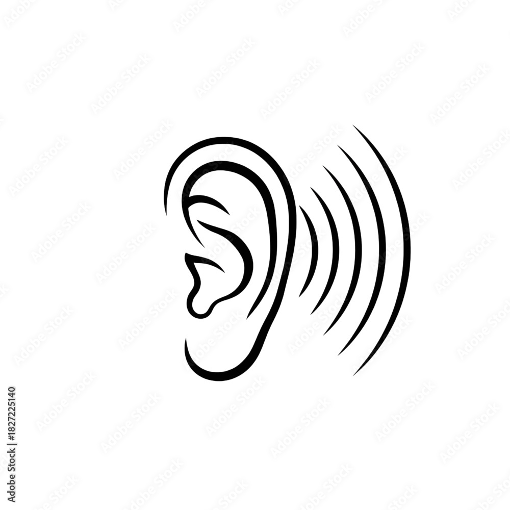 Naklejka premium Ear Hearing Icon – Minimal Line Art Sound Waves Illustration