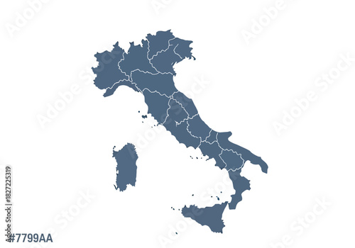 Italy map illustration with regions and islands in blue color on white background.