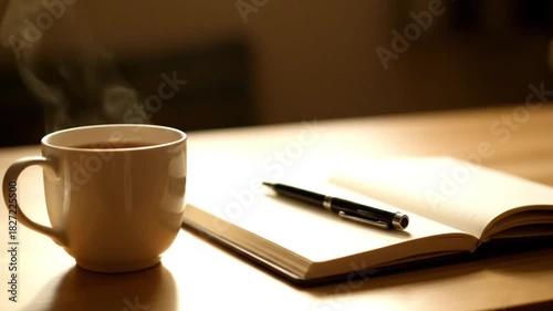 A steaming mug of hot tea sits beside an open notebook and pen on a cozy wooden desk.