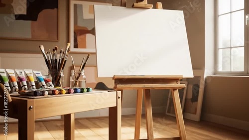 A bright art studio features an empty canvas on an easel, ready for artistic expression.