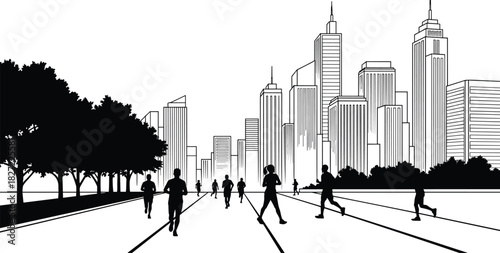 Black and white silhouette of city marathon runners on street, urban skyline background, fitness, healthy lifestyle, exercise, copy space.