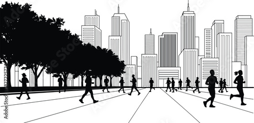 Black and white vector illustration of people running, jogging, and walking on a wide city park street, featuring a silhouette of a modern urban skyline and large trees.