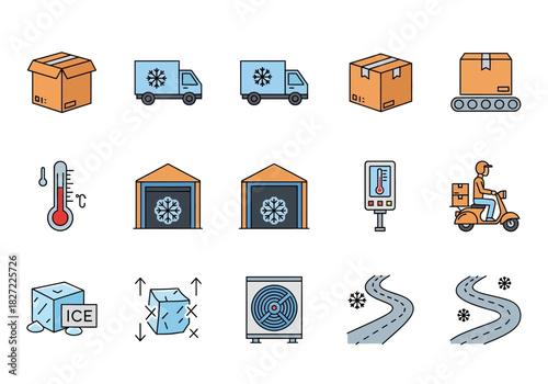 Cold Chain Logistics and Refrigerated Transport Icon Set.