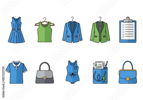 Vector collection of colorful flat line icons for clothing and business.