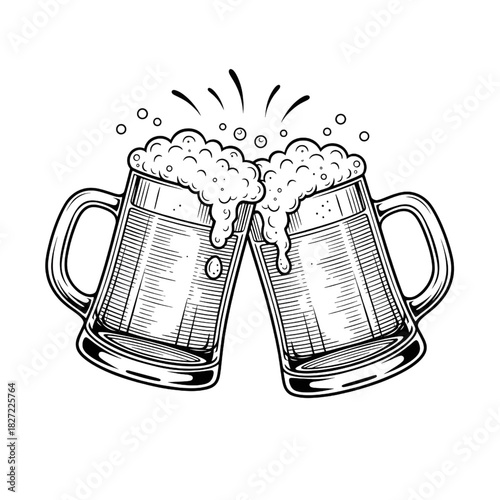 Beer Mugs Clinking Illustration – Vintage Line Art Cheers Design