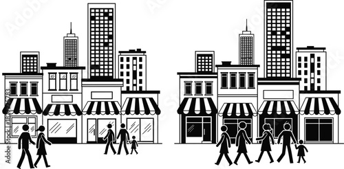City street scene with pedestrians, buildings and shops, set of outline and silhouette vector icons, urban illustration.