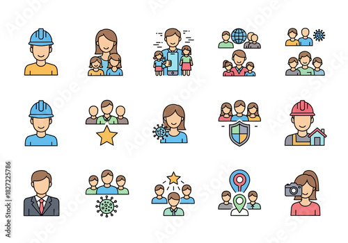 People and community icon set with family work and health concepts.
