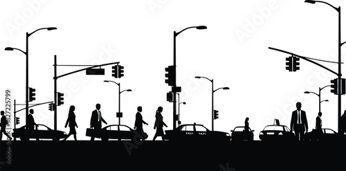 City street silhouette vector with walking pedestrians, traffic lights and cars, busy urban landscape illustration, black and white design