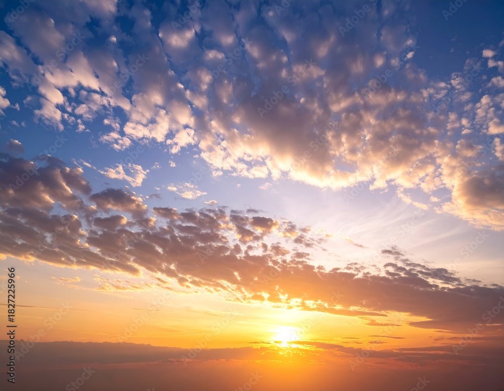 Naklejka premium Vibrant sunset sky with dramatic clouds and golden light.