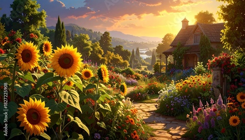 Fototapeta Naklejka Na Ścianę i Meble -  A sunlit, flowered garden path leads to a cottage. Sunflowers and mixed blooms frame the idyllic scene under a sunset sky