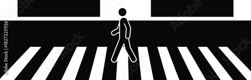 Pedestrian crossing street on zebra crosswalk, black and white vector illustration, safety icon, walking person silhouette, traffic sign symbol.