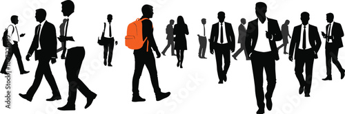 Silhouette of business people walking, crowd with one unique man wearing orange backpack, individuality and difference concept, vector.