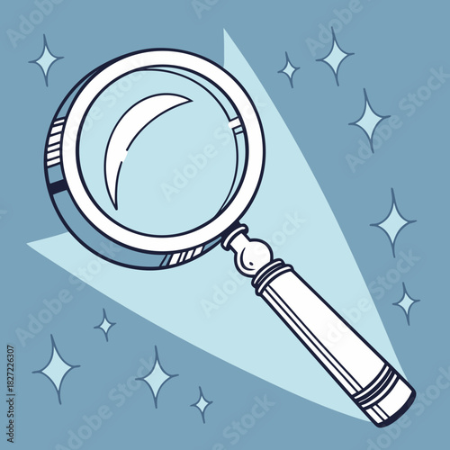 Magnifying Glass with Light Spotlight and Starry Background