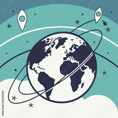Illustration of Globe with Orbit Rings and Location Markers