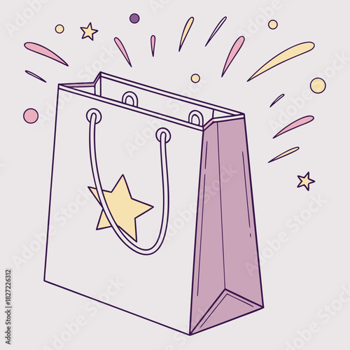 Gift bag with star badge and celebratory confetti elements