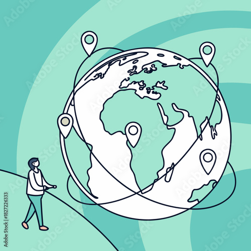 Person pulling a line connected to a globe with location pins