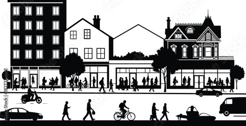 Silhouette of busy urban street with shops, buildings, pedestrians, cyclists, and traffic, city life vector.