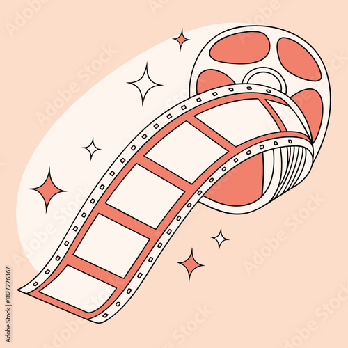 A retro film reel with a glowing ribbon playing with sparkles