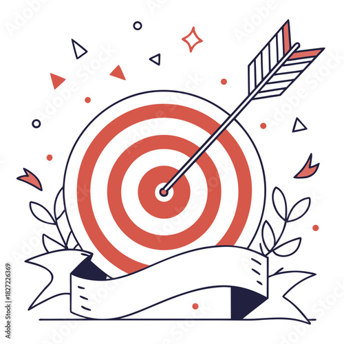 Arrow hitting the bullseye on a target with banner decoration