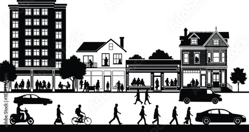 Silhouette of busy city street with shops, buildings, pedestrians, cyclist, and car traffic vector.