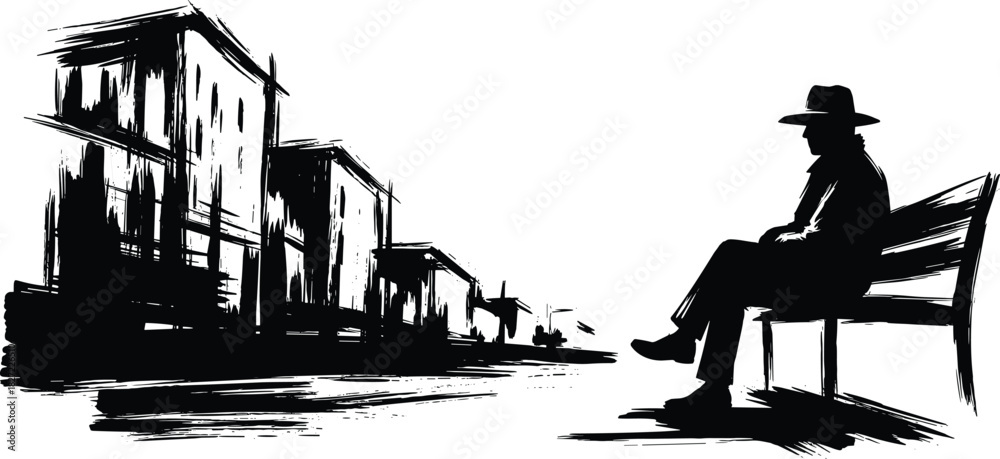 Fototapeta premium Silhouette of mysterious lonely man in hat sitting on bench, abstract city street background, black and white ink brush illustration.