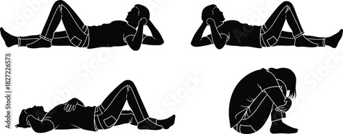 Silhouette set of people lying down relaxing, thinking poses, and sad man sitting alone hugging knees, depression concept, vector illustration