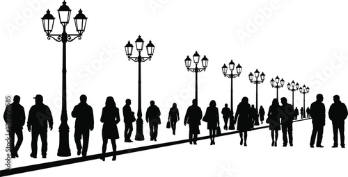 Silhouette vector of crowd walking in perspective with row of vintage street lights, urban people illustration.