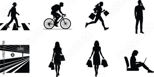 Urban people silhouettes vector set, city life activities, walking, cycling, shopping, commuting, subway, working, isolated black figures collection.
