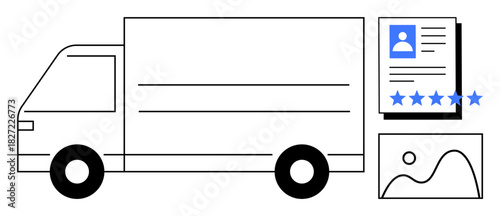 Delivery truck alongside user profile and image files representing logistics, document management, and digital content management. Ideal for transportation, technology, evaluation services, rating