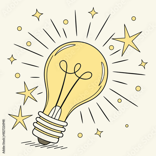 A bright lightbulb with radiating light and stars illustration
