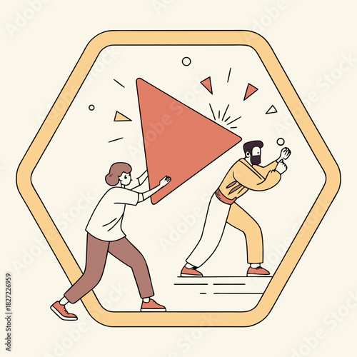 Two people pushing a play button inside a hexagonal frame