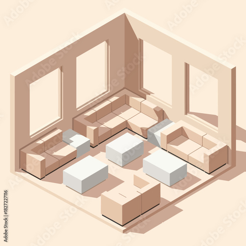 Isometric living room interior design with furniture and windows.