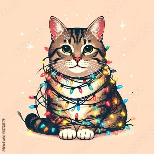Adorable Tabby Cat Tangled in Colorful Christmas Lights, Festive Holiday Pet Portrait.