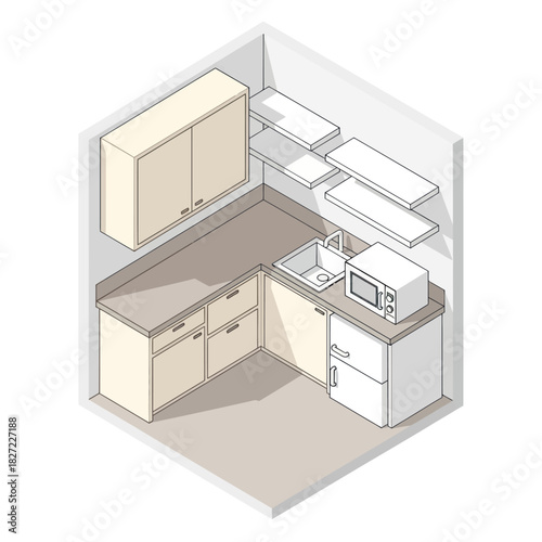 Isometric 3D cutaway illustration of a modern kitchen layout.