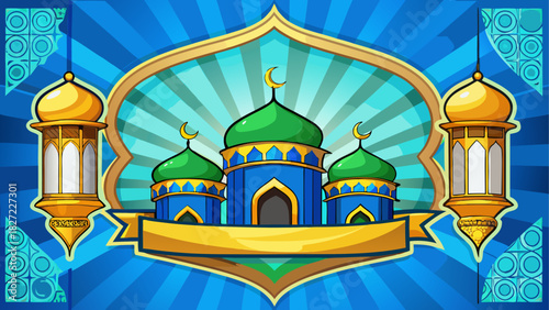 Illustration featuring three cartoon mosques with green domes and golden lanterns on a blue backdrop