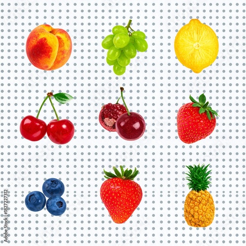 Assortment of Fresh Fruits on a White Dotted Background.