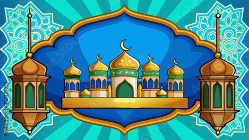 Illustration of a mosque with crescent moons and lanterns on a blue and turquoise background design