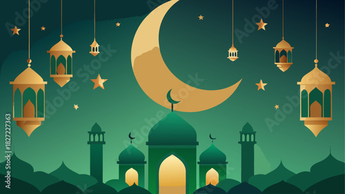 Illustration of mosque silhouette with crescent moon lanterns and stars on green background