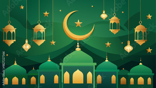 Illustration of a mosque with crescent moon, stars, and lanterns in a green color scheme design