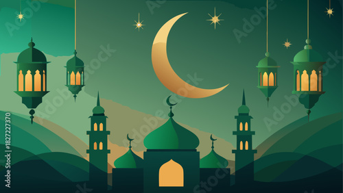 Illustration of mosque with crescent moon and hanging lanterns in green and gold colorscheme design