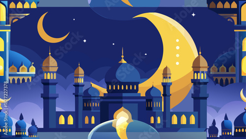 Illustration of a blue mosque with golden domes and a crescent moon in the night sky background